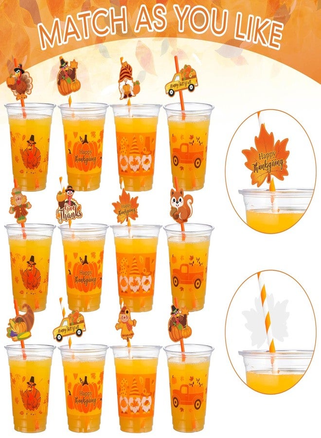 Uiifan أكواب بلاستيكية شفافة للاستخدام مرة واحدة من Uiifan، سعة 12 أونصة، 150 قطعة، مع 150 ماصة و150 ملصقًا، بتصميمات قزم، ديك رومي، يقطين، وشاحنة. مثالية لحفلات الخريف والحصاد. - Image 4